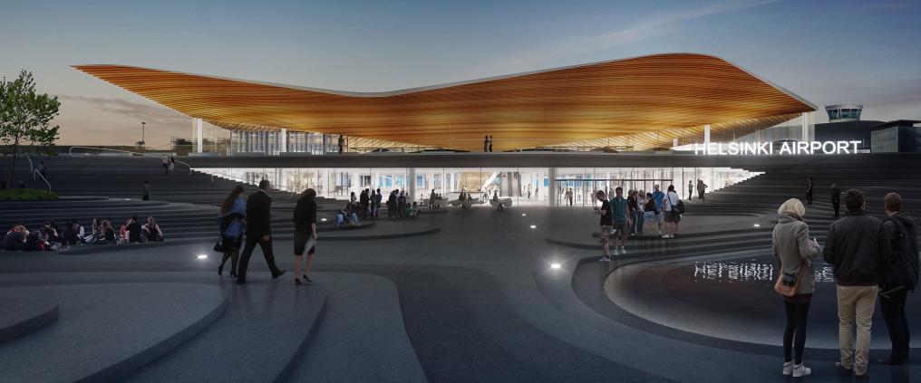 Architectural visualization of Helsinki airport's exterior.