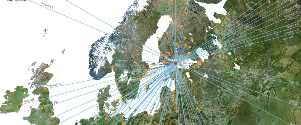 Kartta lentoyhteyksistä maailmalle Helsinki-Vantaan lentoasemalta.