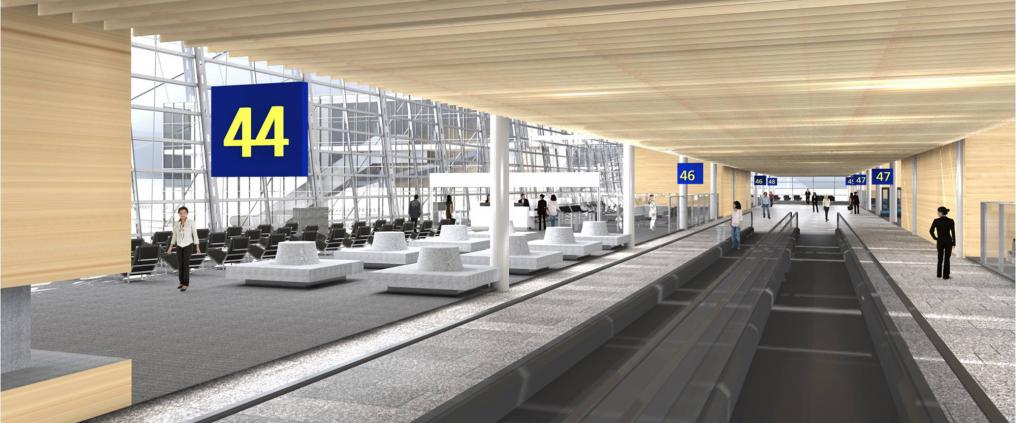 Architectural visualization of Helsinki airport's west wing gate area interior.