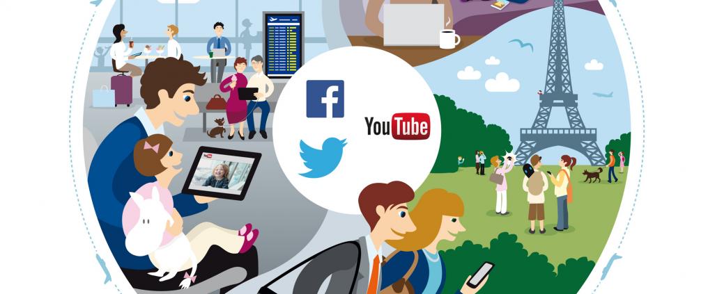 Kuvituskuva matkustajista lentokentällä sekä Pariisissa.