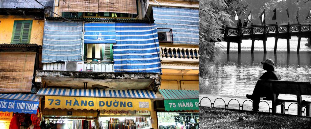 Rakennus Hanoissa ja mies, joka istuu puiston penkillä Hoan Kiem järven äärellä.