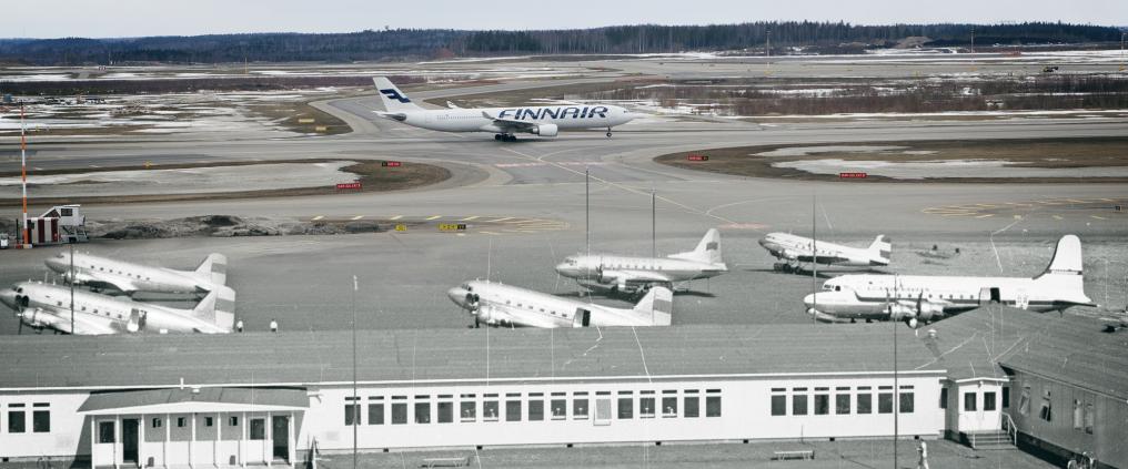 Kuva jossa uusia ja vanhoja lentokoneita lentokentällä.