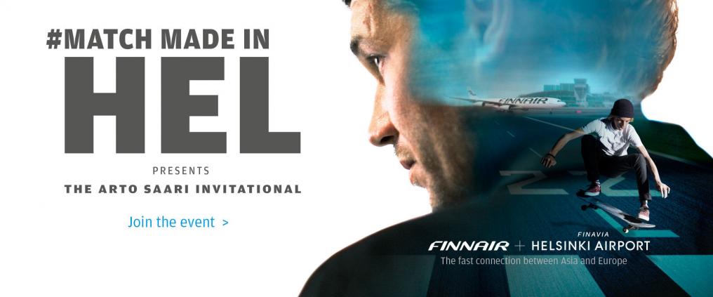 Mainos, jossa on mies ja Finnairin lentokone.