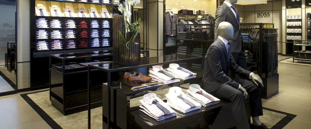 Mens dress shirts in Hugo Boss store.