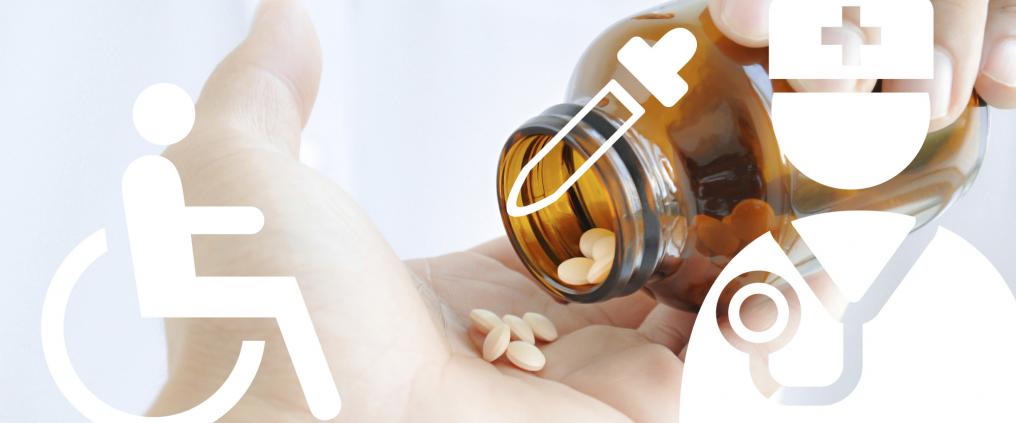 A person taking pills from a medicine jar.