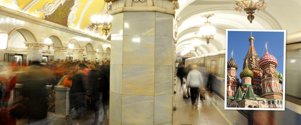 People at underground train station in Moscow.