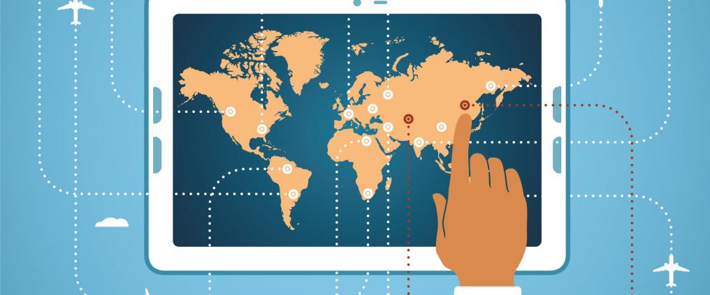   Illustration of hand using tablet to look at world map where flight routes are pinpointed.