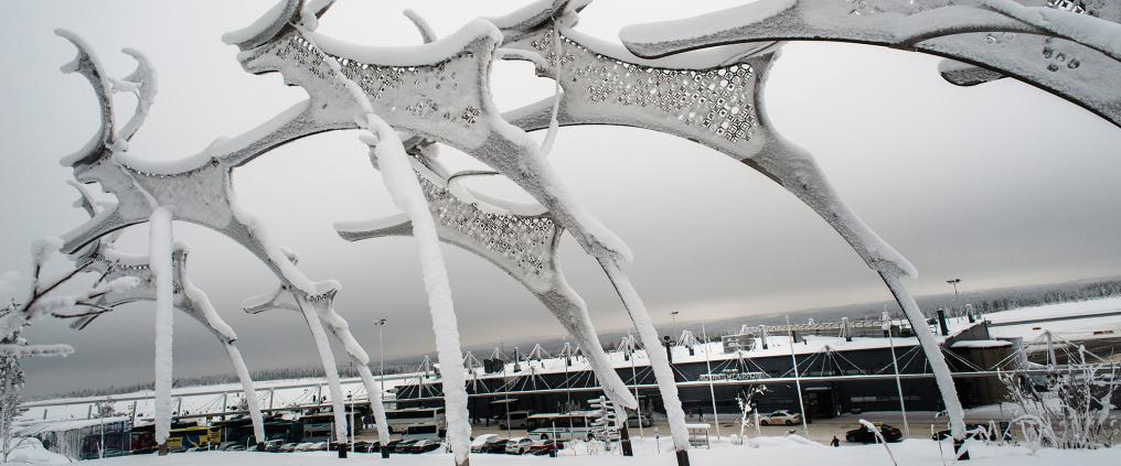 Reindeer outdoor art installation at Rovaniemi airport.