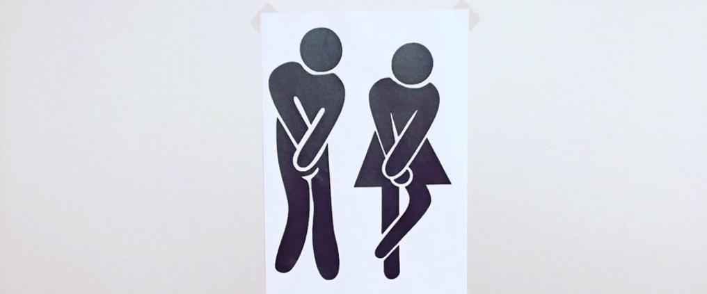 Graafinen piirros mieshestä ja naisesta, joilla on tarve päästä vessaan.