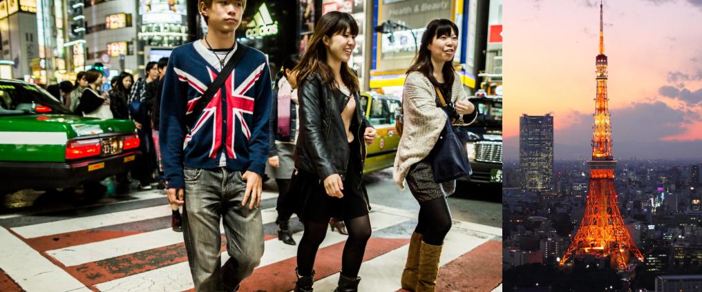 Paikallisia ylittämässä tietä Tokion keskustassa ja Tokyo Tower illalla.