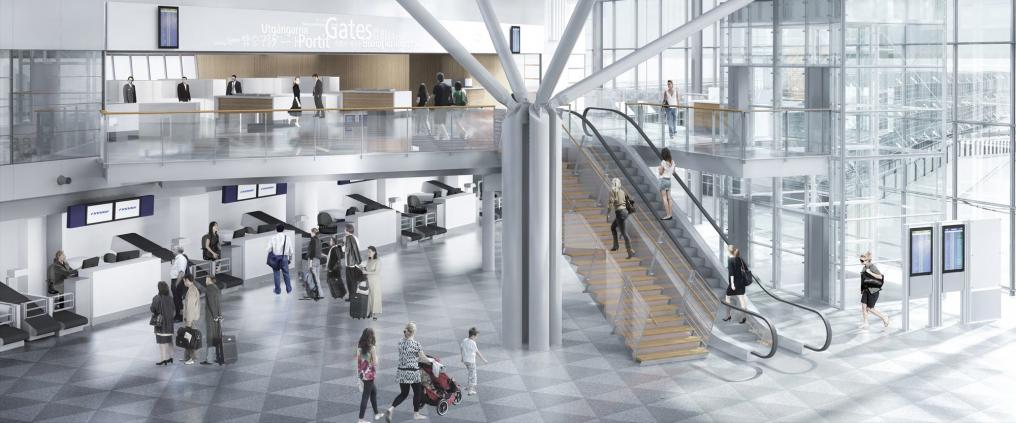 Arkkitehtuurin Visualisointi Helsinki-Vantaa lentoaseman T2 lähtoaulasta.
