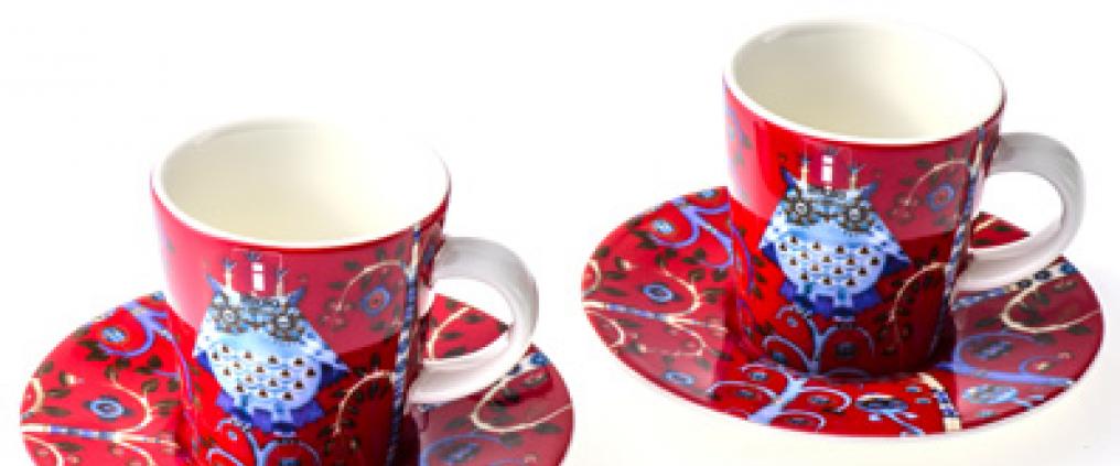 Two Iittala coffee cups and saucers with Taika design.