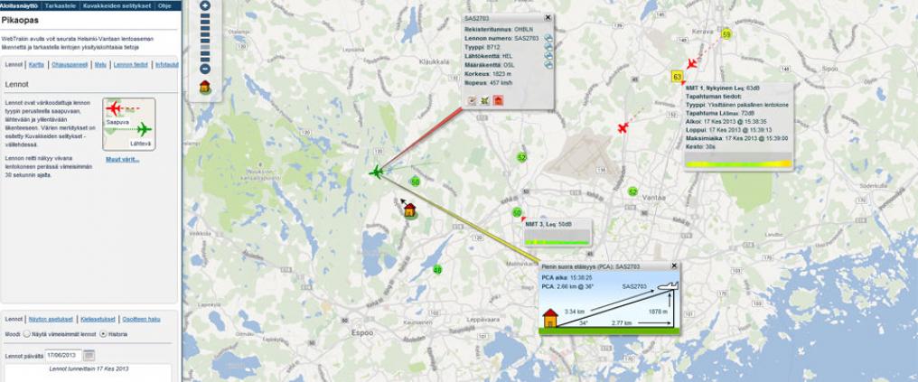 Kartta jossa näkyy ilmassa olevien lentokoneiden sijainti.