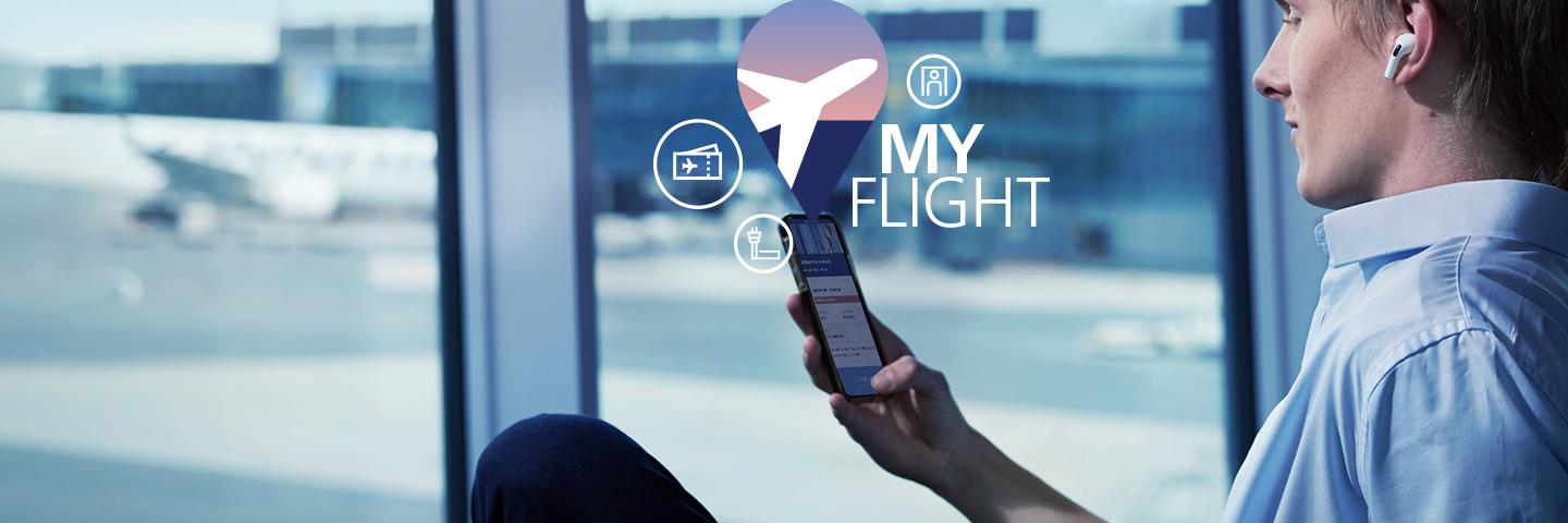 Matkustaja käyttää MyFlight-palvelua Helsinki-Vantaan lentoasemalla