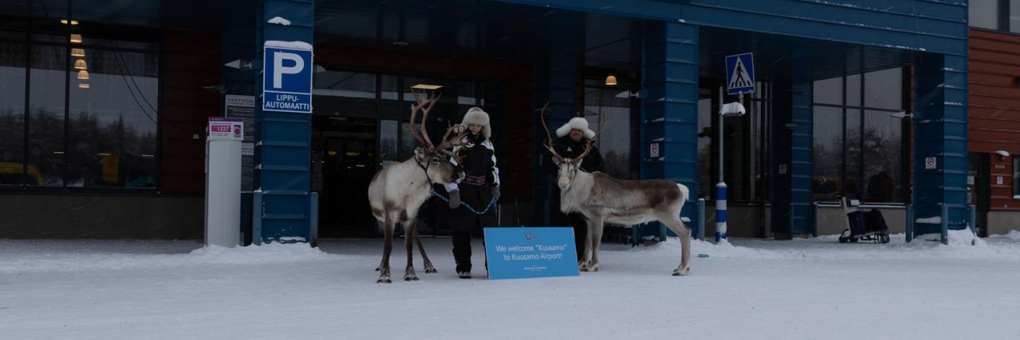 Poroja Kuusamon lentoaseman pääsisäänkäynnin edessä