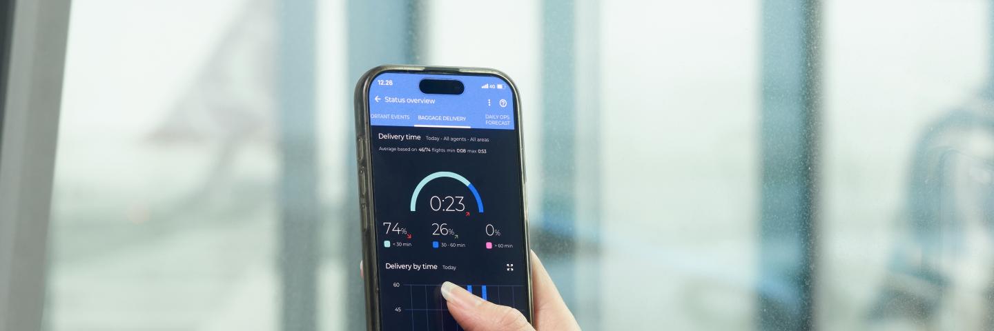 Käsi pitelee puhelinta, jonka näytöllä on AOS-järjestelmän mittareita.